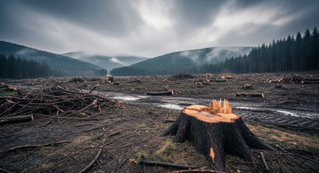 A wide view of a recently clear cut forest with numerous tree stumps and scattered logs under a cloudy sky, highlighting environmental destruction and deforestation.の素材
