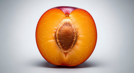 A perfectly ripe plum, sliced precisely in half, showcasing its vibrant yellow orange flesh and the textured brown pit nestled within. A close up studio shot highlighting freshness and natural beauty.の素材