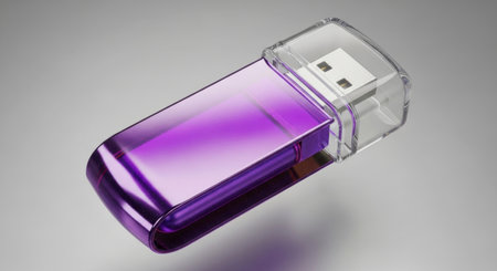 A high glossy 3D render of a metallic purple USB flash drive with a clear plastic cap, representing modern data storage and digital connectivity.の素材