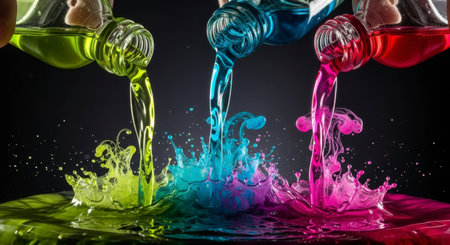 Vibrant green, blue, and pink liquids pour from glass bottles, creating dynamic splashes and colorful patterns. The fluid motion captures the essence of mixing and flow.の素材