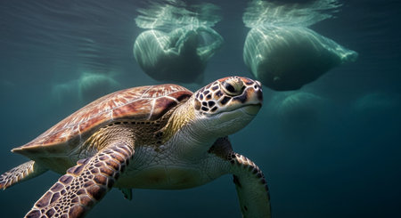 A green sea turtle swims gracefully underwater, with discarded plastic bags floating near the surface, highlighting ocean pollution and environmental concerns.の素材