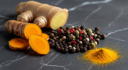 Close up of fresh turmeric root with slices, whole ginger root, a pile of colorful peppercorns, and a mound of turmeric powder on a dark marble surface.の素材