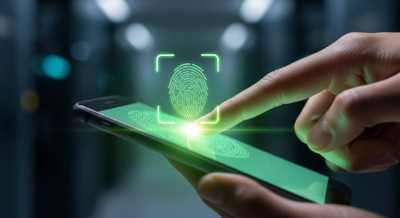 A finger touches a smartphone screen displaying a glowing green fingerprint icon, symbolizing biometric security and digital authentication for mobile access.の素材