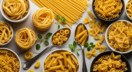 An overhead view showcasing a diverse assortment of dry pasta varieties, including tagliatelle nests, penne, fusilli, farfalle, and macaroni, arranged in bowls and on spoons with fresh oregano sprigs on a light surface.の素材
