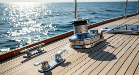 Close up view of a luxury yacht polished wooden deck featuring chrome fittings and a winch. Sparkling blue ocean water reflects sunlight in the background, highlighting elegant marine details on a sunny day.の素材