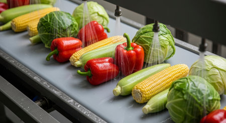 Colorful fresh vegetables including red bell peppers, corn, zucchini, and cabbage are being washed by water jets on a conveyor belt, highlighting modern food processing and hygiene.の素材