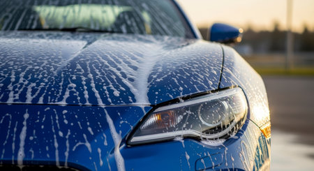 Close up view of a shiny blue sports car covered in white soap suds during a car wash. The foam drips down the hood and headlight, reflecting warm light.の素材