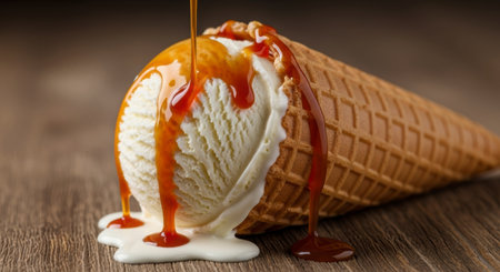 A scoop of vanilla ice cream in a waffle cone, with rich caramel sauce being poured over it, melting onto a rustic wooden surface. A sweet and refreshing dessert.の素材