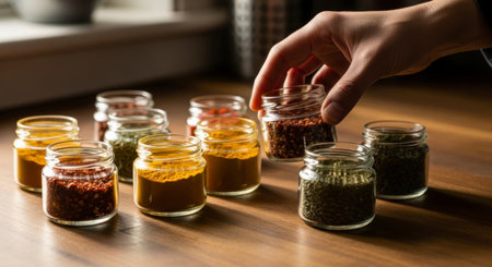 A hand selects a small glass jar of red chili flakes from a collection of various spices in jars on a wooden surface, emphasizing cooking ingredients and flavor.の素材