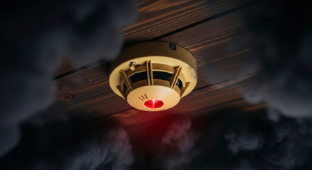 A smoke detector with a red light blinking, mounted on a wooden ceiling, surrounded by dark smoke, indicating a fire alarm or emergency situation.の素材
