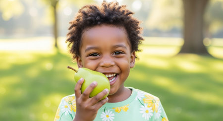 A happy young Black boy with curly hair smiles brightly while holding and eating a fresh green pear outdoors in a sunny park. Healthy eating and childhood joy.の素材
