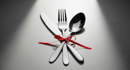 Polished stainless steel knife, fork, and spoon neatly tied together with a vibrant red ribbon, presented on a reflective surface with dramatic lighting. Represents elegant dining, special occasions, or a culinary gift.の素材