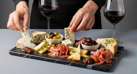 A sommelier hands carefully arrange a gourmet cheese and charcuterie board with various cheeses, cured meats, olives, and fig jam, accompanied by two glasses of red wine.の素材