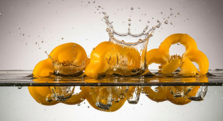 Yellow bell pepper slices creating a dynamic splash as they fall into clear water, with droplets suspended in the air and reflections visible below the surface.の素材