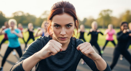 A determined young woman with auburn hair in a fighting stance, fists raised, leading a group fitness class outdoors. Focus on strength, training, and healthy lifestyle.の素材