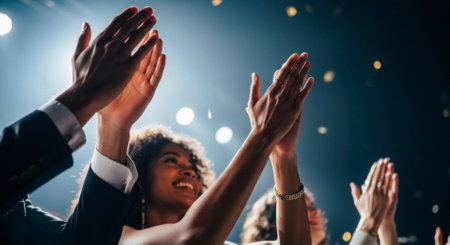 Diverse audience members enthusiastically clapping their hands, seen from a low angle perspective with bright stage lights illuminating the scene. Captures a moment of celebration, success, and appreciation at an event.の素材