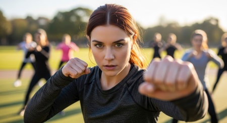 A determined young woman with auburn hair in a fighting stance, fists raised, looking directly at the camera during an outdoor fitness or self defense training session with other women in the background.の素材