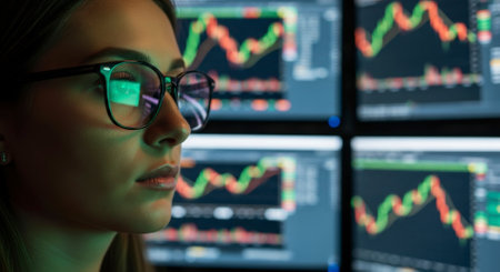 Young woman wearing glasses intently observing multiple computer screens displaying dynamic financial stock market charts with green and red lines.の素材