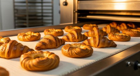 Freshly baked golden croissants and danishes moving on a conveyor belt in a commercial bakery, highlighting the automated production of delicious pastries.の素材