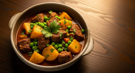 A hearty beef stew with tender meat chunks, potatoes, and green peas, garnished with fresh parsley, served in a rustic ceramic bowl on a wooden table.の素材