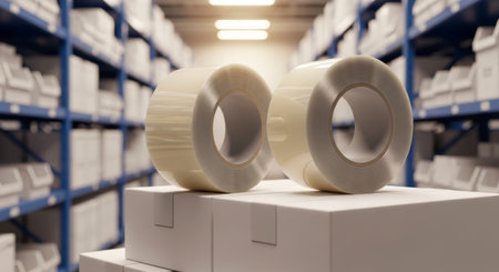 Two large, clear rolls of transparent packaging tape rest on white boxes within a brightly lit warehouse aisle, featuring rows of organized inventory shelves.の素材