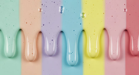 Thick, glossy pastel colored liquid drips down in six vertical stripes, creating a vibrant and smooth abstract pattern. Small bubbles and drops are visible on the surface, adding texture to the flowing paint.の素材