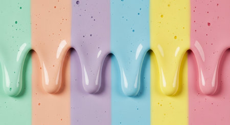 Six vertical stripes of thick, glossy pastel colored liquid dripping down, creating a smooth, rounded effect. The colors include mint green, peach, lavender, light blue, yellow, and light pink, forming a vibrant abstract background.の素材