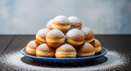 A delicious pile of golden brown, round pastries, similar to mini donuts or Berliner Pfannkuchen, generously dusted with powdered sugar on a blue plate. Freshly baked sweet treats for a festive occasion or dessert.の素材