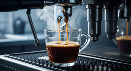 Two streams of dark, rich espresso with frothy crema pouring from a professional machine into a clear glass mug, with steam rising from the hot beverage.の素材