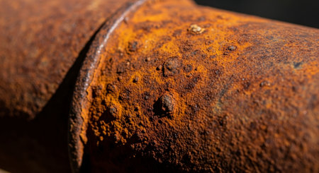 Close up view of a heavily corroded metal pipe, showcasing rough, textured rust in shades of orange and brown. The surface reveals deep pitting and flaking, indicating significant material degradation.の素材