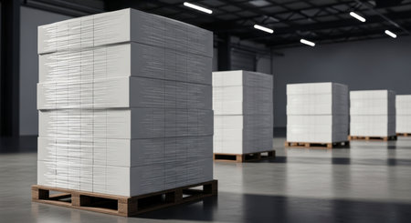 Multiple stacks of white boxes wrapped in plastic film on wooden pallets inside a large, modern industrial warehouse with a concrete floor.の素材