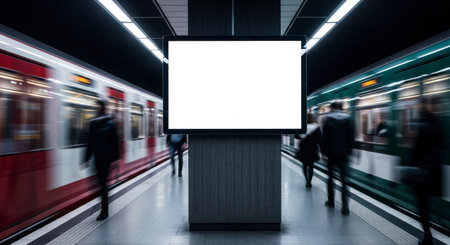 Blank digital billboard in a bustling subway station with blurred trains and commuters creating a sense of motion and urban activity, ideal for advertising mockups.の素材