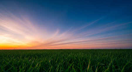 Vast green field stretching towards the horizon under a dramatic sunset sky with vibrant orange, pink, and blue hues. Natural landscape at dusk.の素材