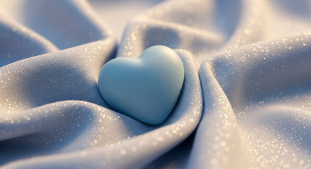 A delicate light blue heart rests gently on soft, sparkling white fabric, creating a serene and tender composition. The fabric folds softly, catching light and shimmering with tiny glitter particles.の素材
