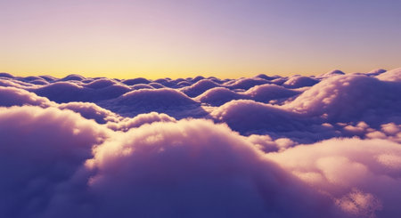 Aerial view of fluffy cumulus clouds stretching to the horizon during a vibrant sunset or sunrise, creating a serene and ethereal sky landscape with warm golden light.の素材