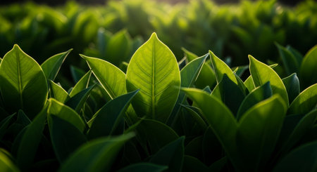 Lush green leaves bathed in natural sunlight, highlighting the vibrant foliage and intricate vein patterns in a close up, refreshing view of nature.の素材
