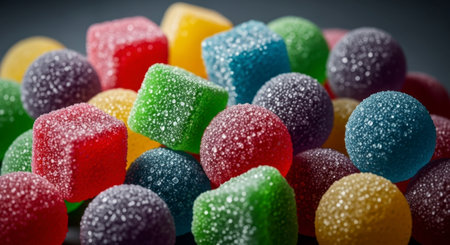A vibrant pile of assorted sugar coated gummy candies in various shapes and colors, including red, green, yellow, blue, and purple, creating a tempting sweet treat display.の素材