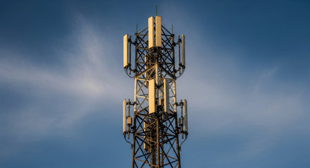 Cellular communication tower with multiple antennas against a clear blue sky, representing modern wireless technology and global connectivity infrastructure.の素材
