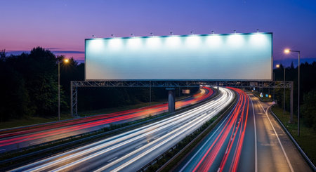 Blank illuminated billboard towering over a multi lane highway at twilight, showcasing vibrant light trails from fast moving vehicles. Perfect for advertising and promotional content.の素材