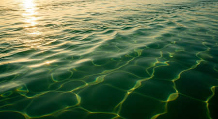 Golden sunlight reflecting on the clear water surface, creating shimmering caustic patterns and revealing the subtle ripples.の素材