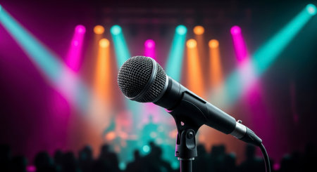 A close up of a microphone on a stand positioned on a dark stage, illuminated by vibrant pink, orange, and blue spotlights. A blurred audience and band are visible in the background, creating an atmosphere of a live concert or performance event.の素材