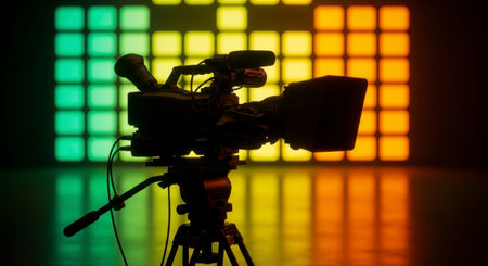 Professional video camera on a tripod in a studio setting, silhouetted against a vibrant, illuminated wall with square lights transitioning from green to orange, ready for a broadcast or event.の素材