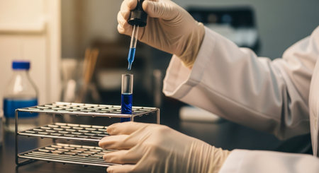 Scientist in a lab coat and gloves carefully drops blue liquid from a pipette into a test tube, conducting a chemical experiment in a laboratory setting.の素材
