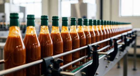 Rows of glass bottles filled with sauce moving along a conveyor belt in a modern food processing factory. Automated production line for beverage or condiment manufacturing.の素材