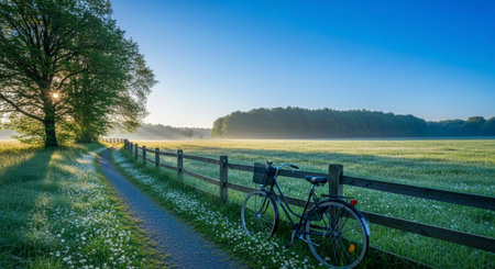A bicycle leans against a wooden fence beside a winding path through a green field with small white flowers. Sunlight streams through a large tree on a misty morning, illuminating the serene rural landscape.の素材
