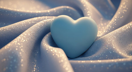 A light blue heart rests gently on a soft, shimmering fabric with elegant folds. The scene evokes feelings of love, tenderness, and delicate beauty, perfect for romantic or celebratory themes.の素材