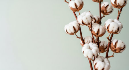 Close up of natural cotton branches with soft white bolls, showcasing the delicate fibers and organic texture. Ideal for themes of natural textiles, comfort, and sustainable materials.の素材