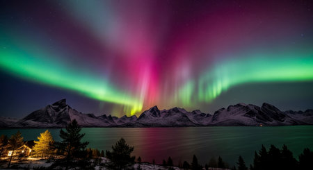 Vibrant green and magenta aurora borealis lights illuminate the night sky over snow capped mountains and a calm lake. A cozy cabin with warm lights is nestled among pine trees in this stunning winter landscape.の素材