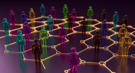Colorful human figures connected by a glowing hexagonal network, symbolizing global communication, social interaction, and data exchange in a digital world. Represents community, collaboration, and interconnectedness.の素材