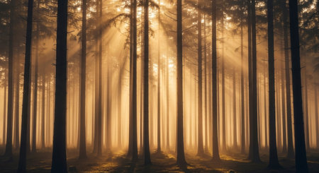 Golden sun rays pierce through a dense, misty forest, illuminating tall tree trunks and creating a serene, ethereal atmosphere. Light filters through the fog, highlighting the natural beauty of the woodland.の素材